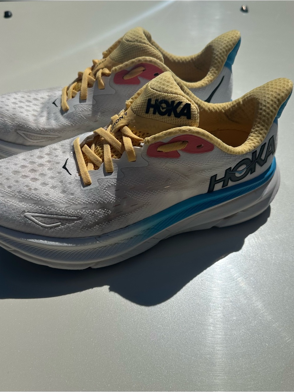 Hoka White Running Shoes with Yellow, Blue & Pink Accents - Picture 4 of 6
